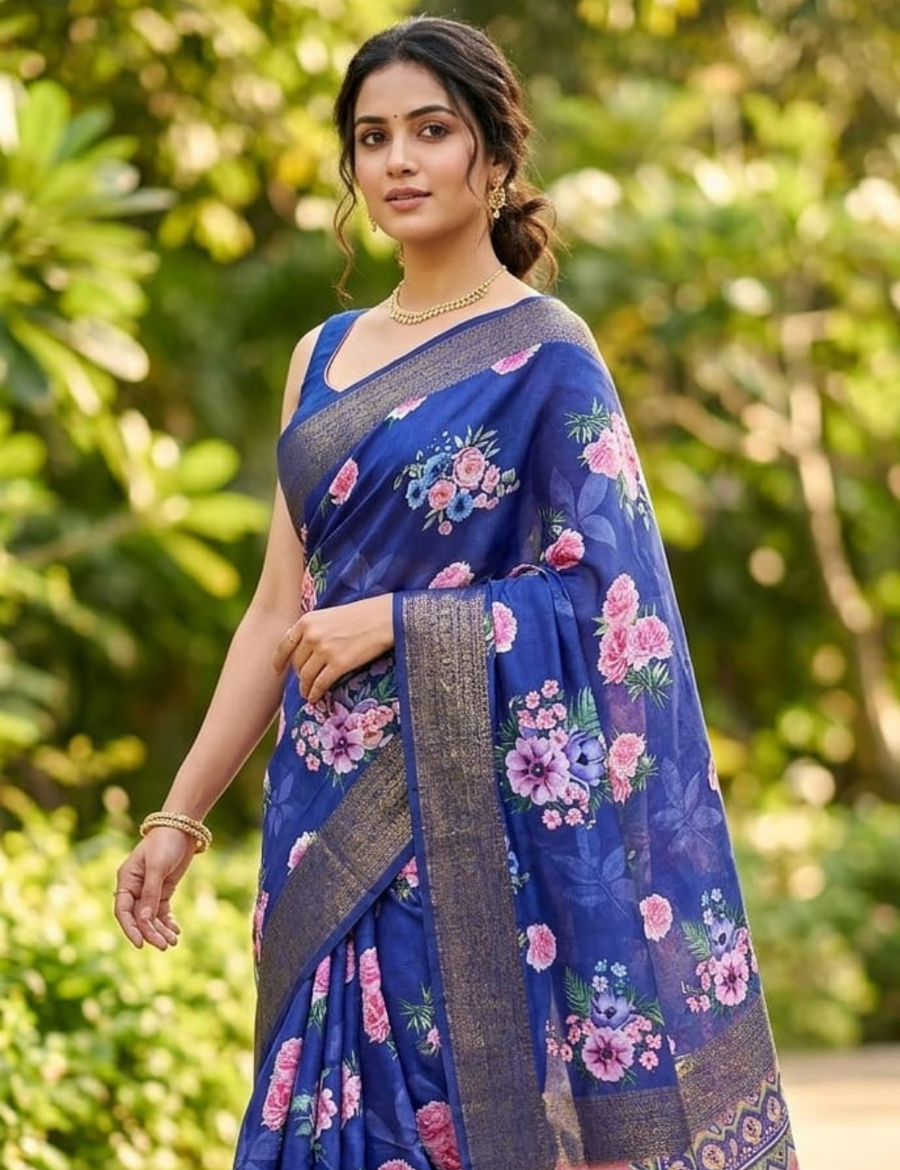 Elegant Navy Blue Floral Digital Printed Saree