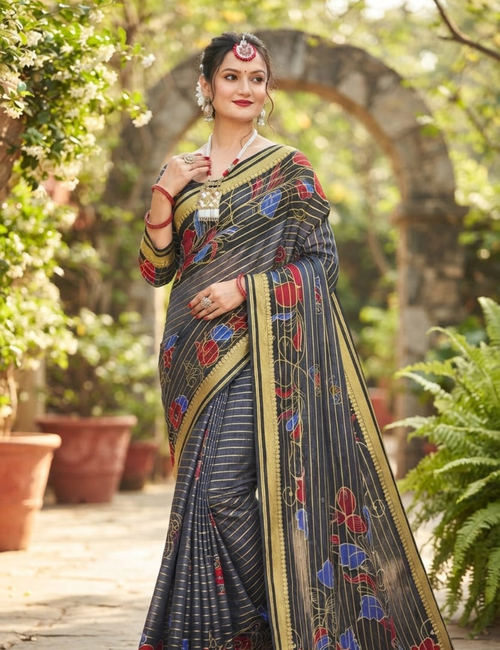 Navy Blue Soft Cotton Sari with Floral Motifs and Golden Stripes