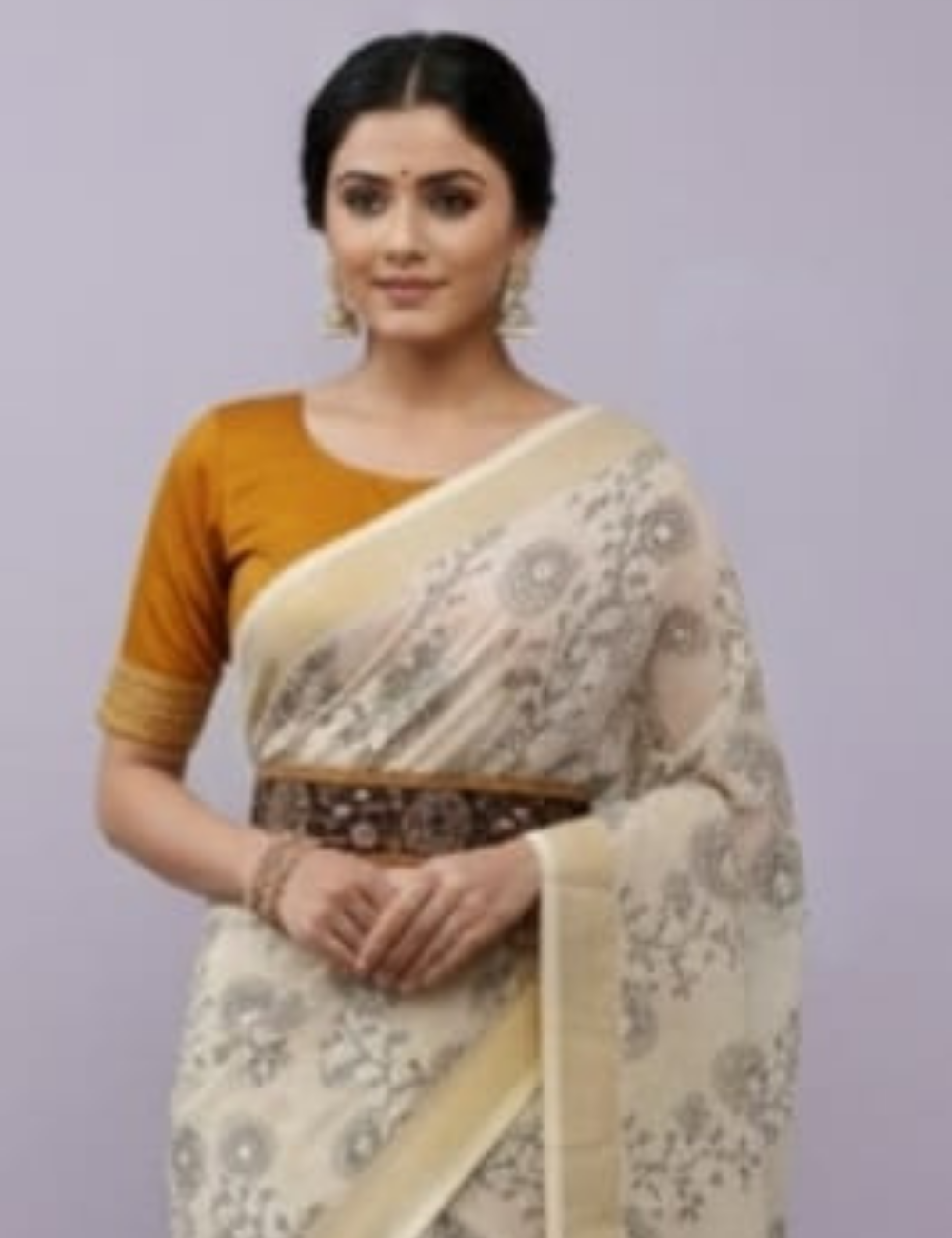 Cream Saree with Mustard Embroidered Blouse