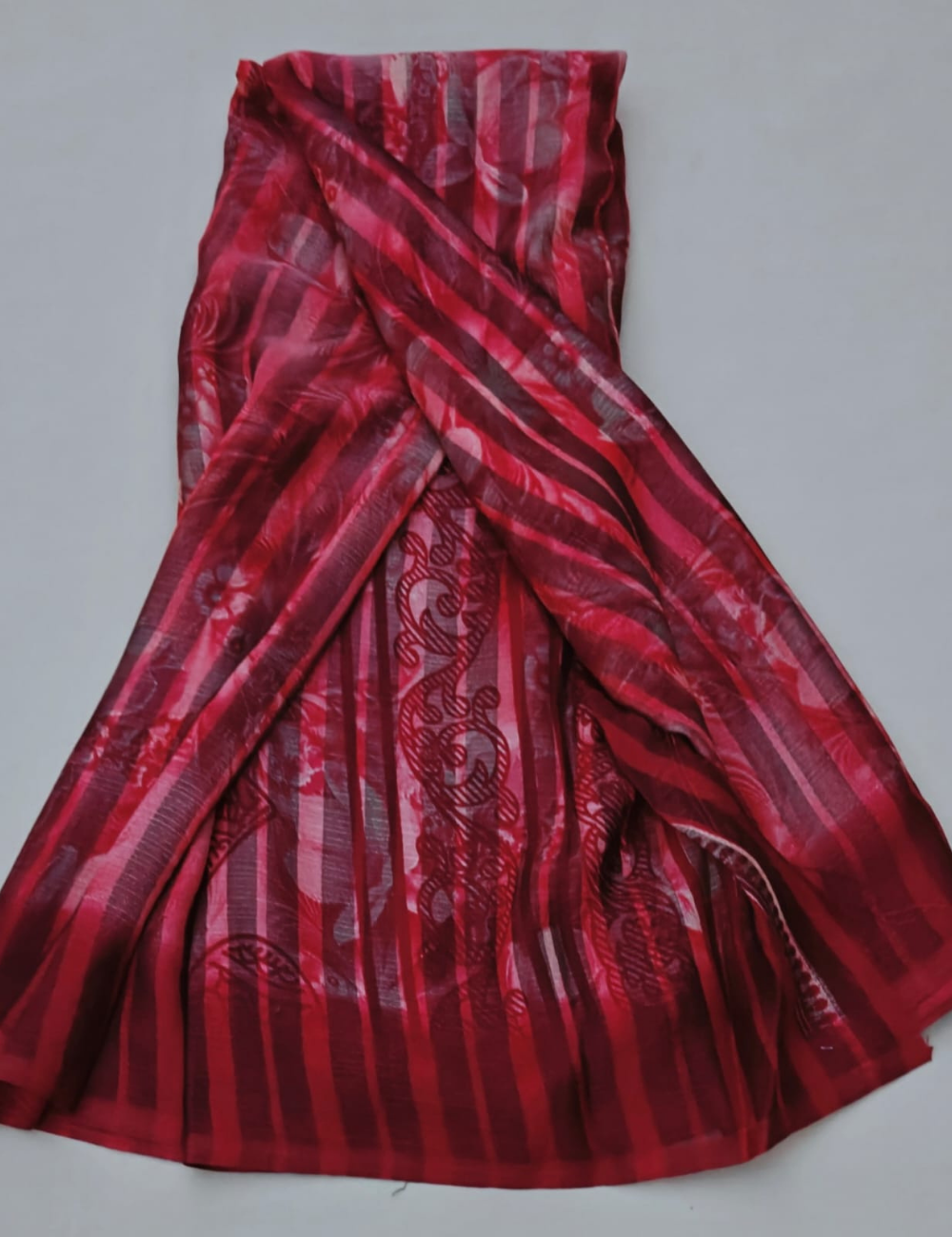 Crimson & Wine Striped Georgette Saree with Overlaid Shadow Florals