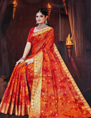 Radiant Orange Floral Zari Silk Saree