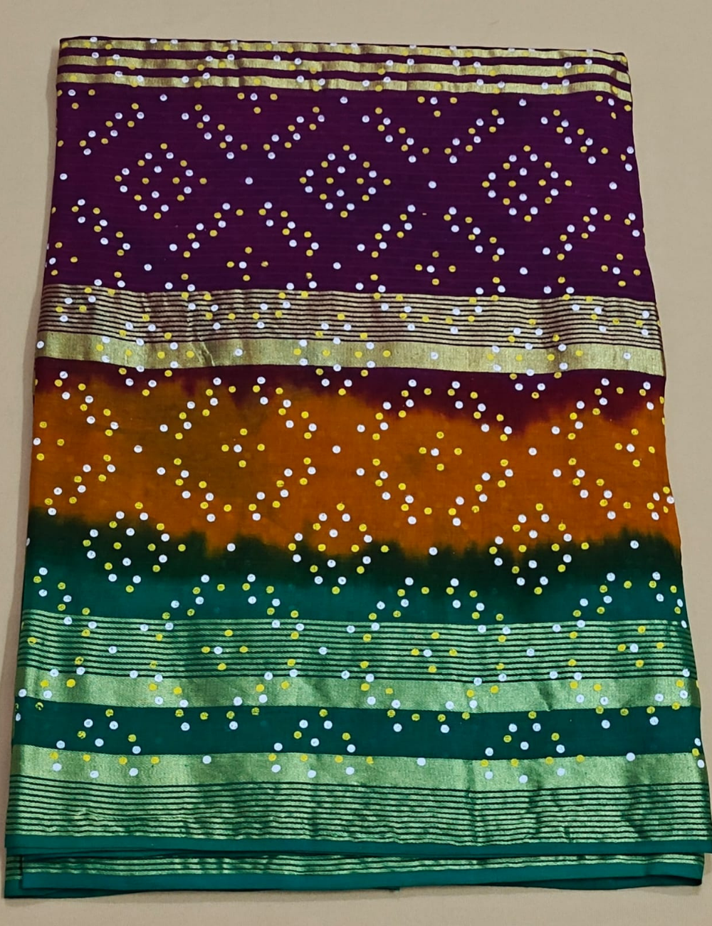 Multi-Tone Bandhani Gradient Sari with Zari Stripes