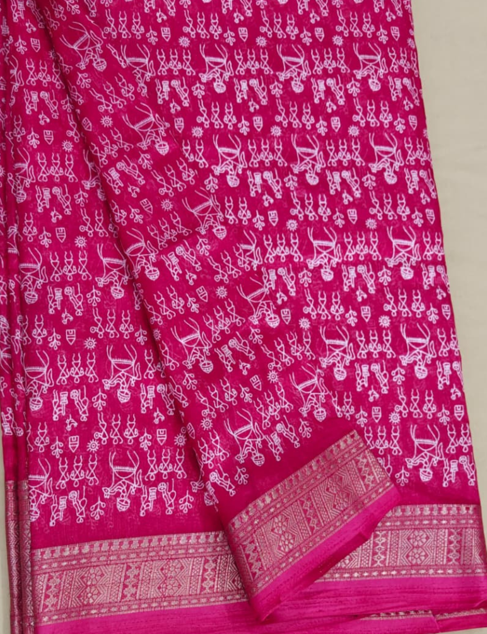 Magenta Silk Sari with Traditional Folk Print and Zari Border