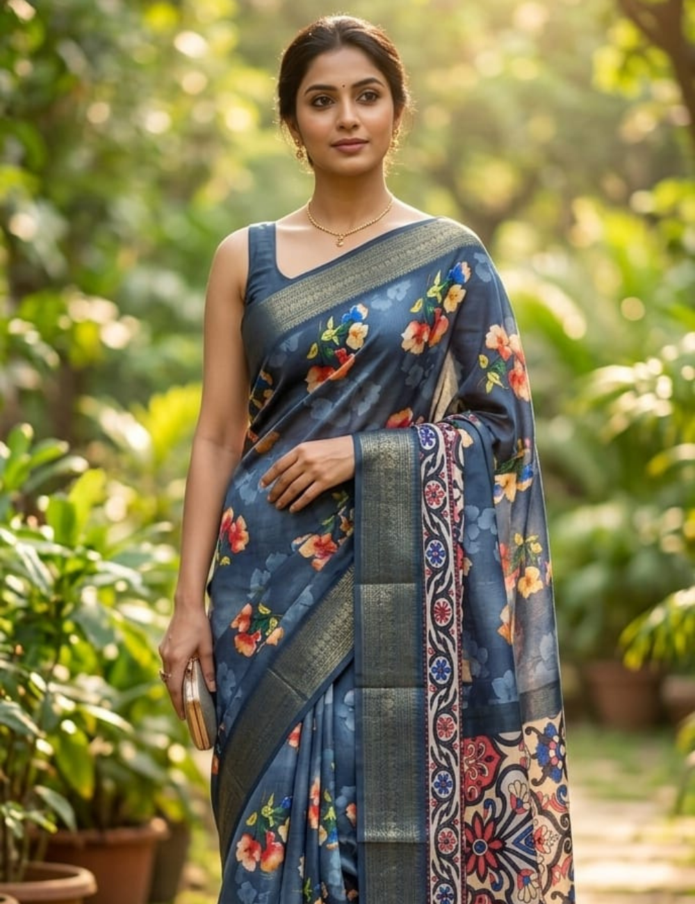 Midnight Blue Floral Printed Saree