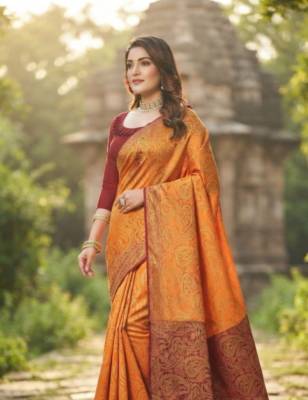 Vibrant Orange and Maroon Woven Paisley Brocade Sari