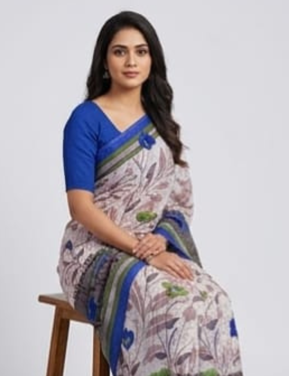 Elegant Cream Floral Printed Saree with Royal Blue Border