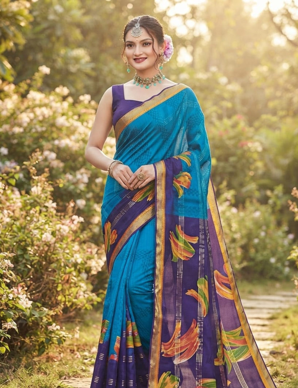 Blue and Purple Cotton Sari with Metallic Stripes and Floral Motifs