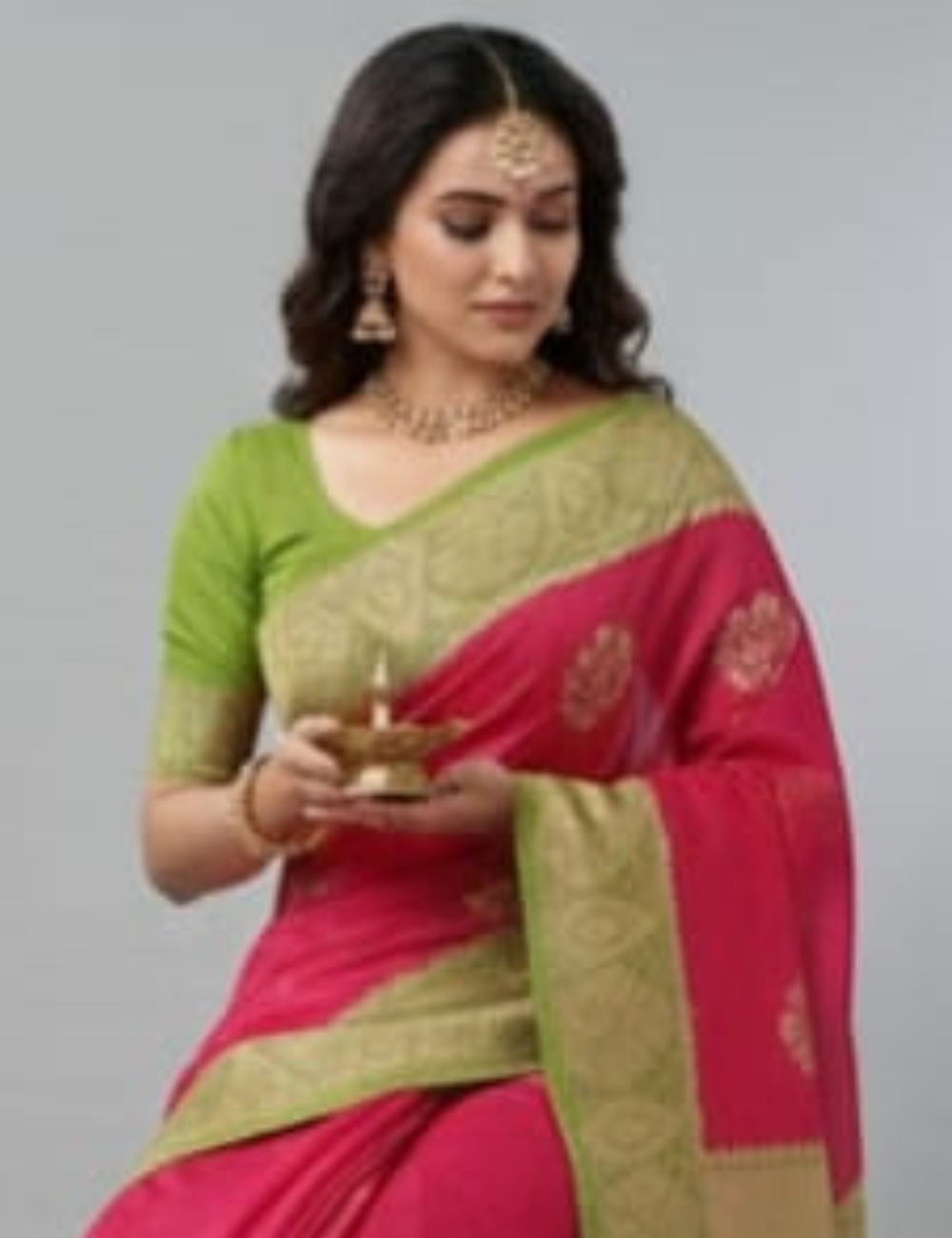 Green and Red Cotton Saree with leaf Border
