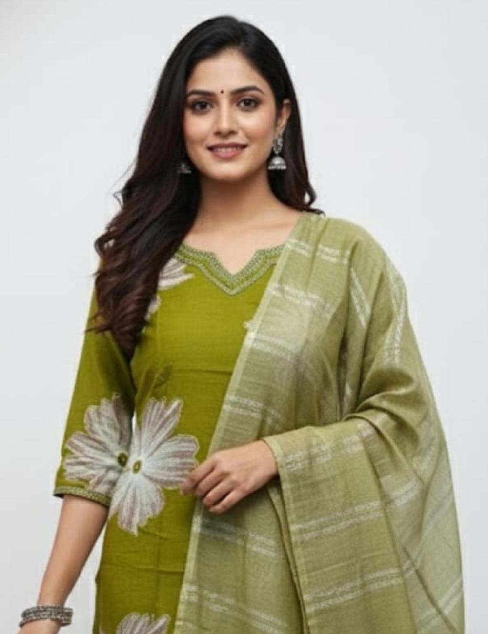Olive Green Floral Printed Kurta Set with matching Dupatta