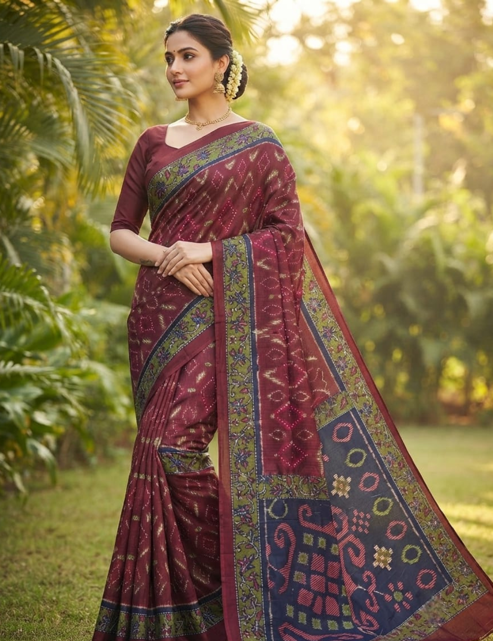 Maroon Diamond Bandhani Cotton Saree