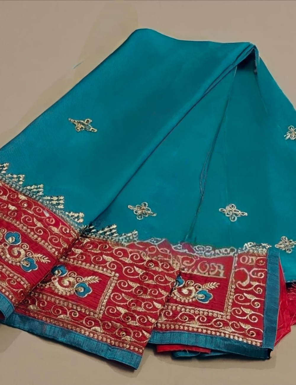 Teal Blue Saree with Red Embroidered Border