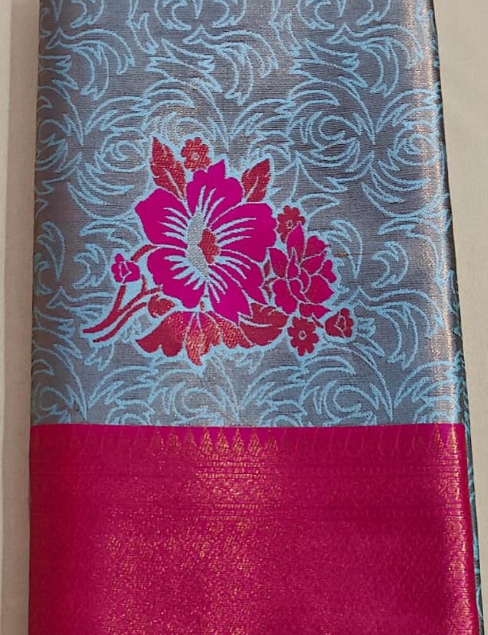 Silver Grey Floral Soft Silk Saree with Pink Border