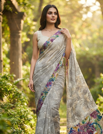 Abstract Flora Silk Saree with Graphic Fan Prints & Vibrant Border