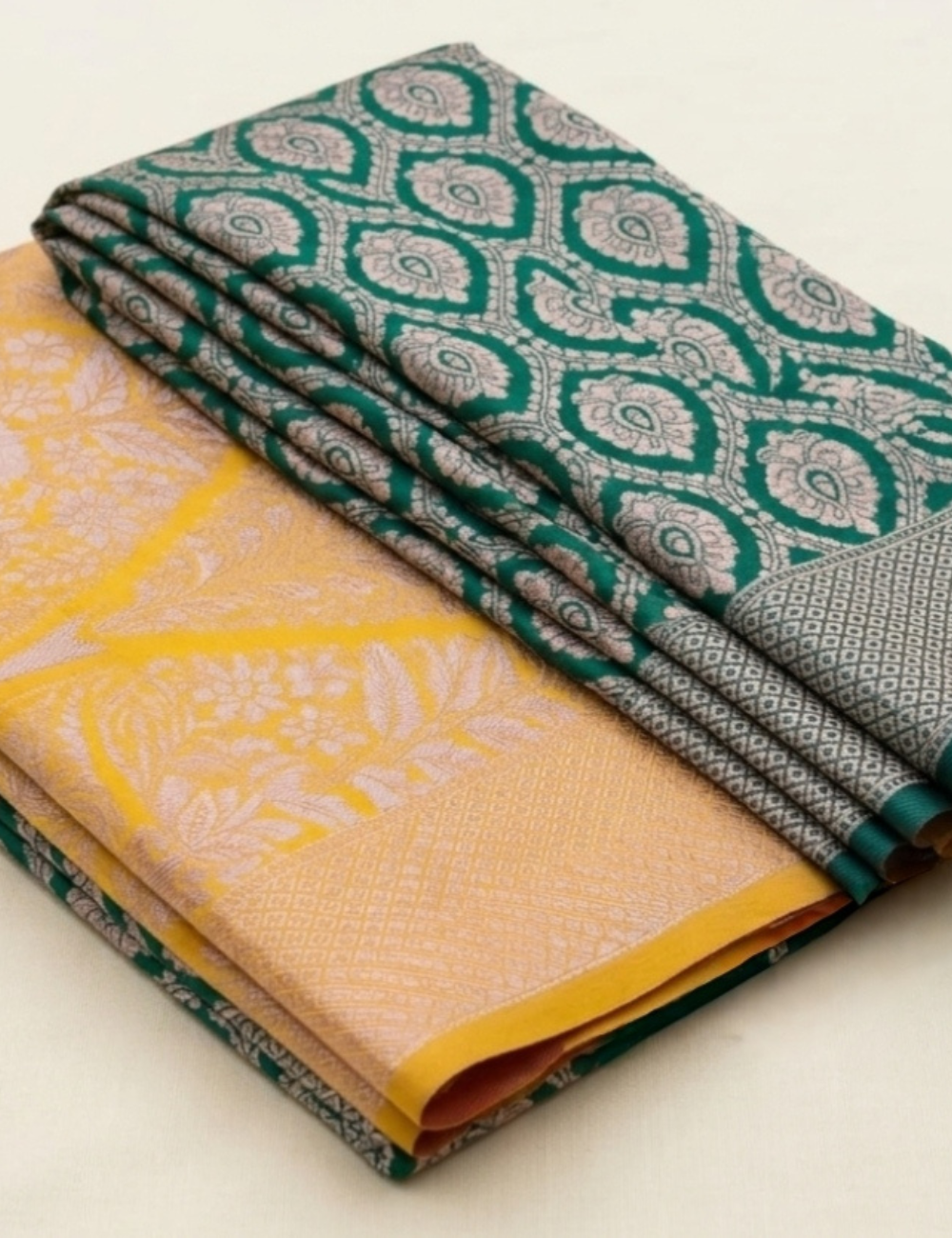 Dark Green Handwoven Silk Saree with Yellow Contrast Border