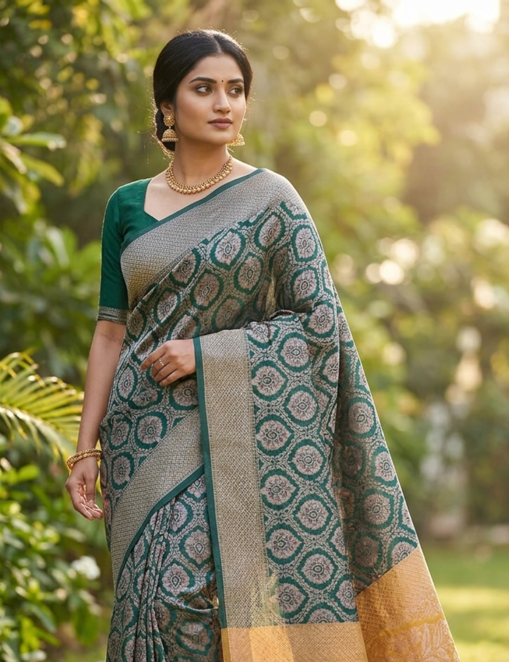 Dark Green Handwoven Silk Saree with Yellow Contrast Border