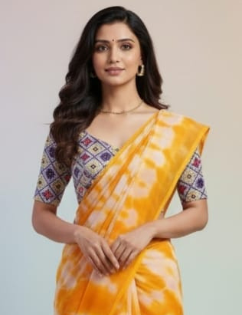 Bright Yellow Tie-Dye Saree with Tassel Border & Printed Blouse
