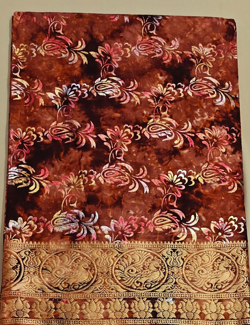 Exquisite Rust & Gold Foil-Printed Soft Cotton Sari