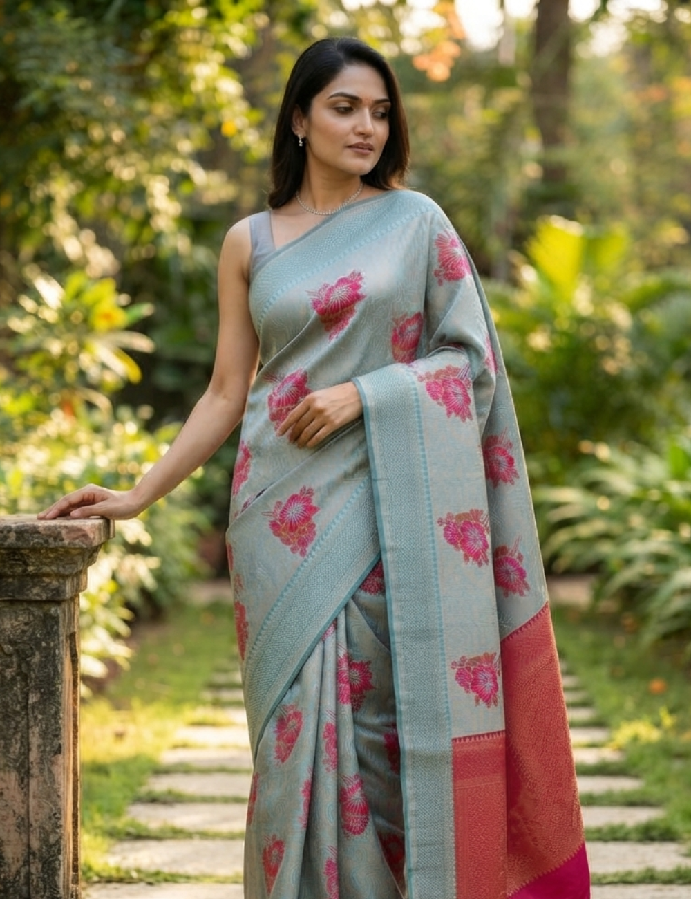 Silver Grey Floral Soft Silk Saree with Pink Border