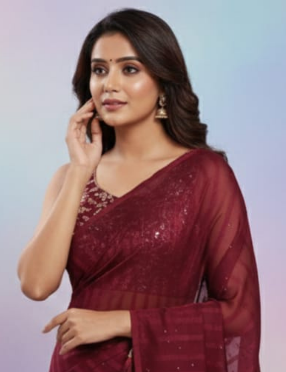 Rich Maroon Designer Saree with Stone Work and Embroidered Blouse