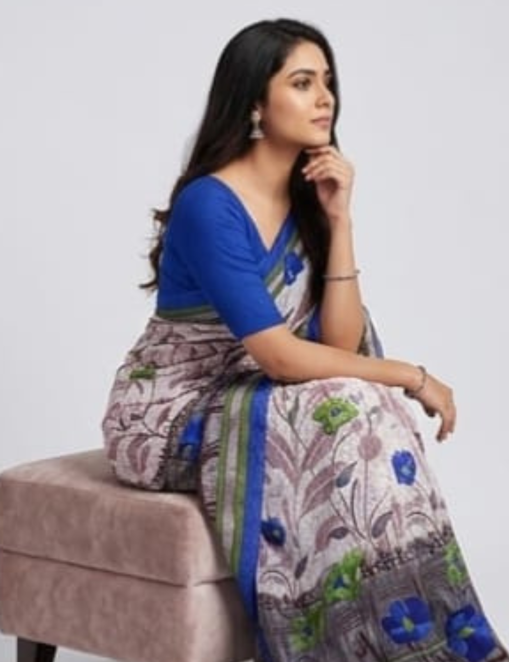Elegant Cream Floral Printed Saree with Royal Blue Border