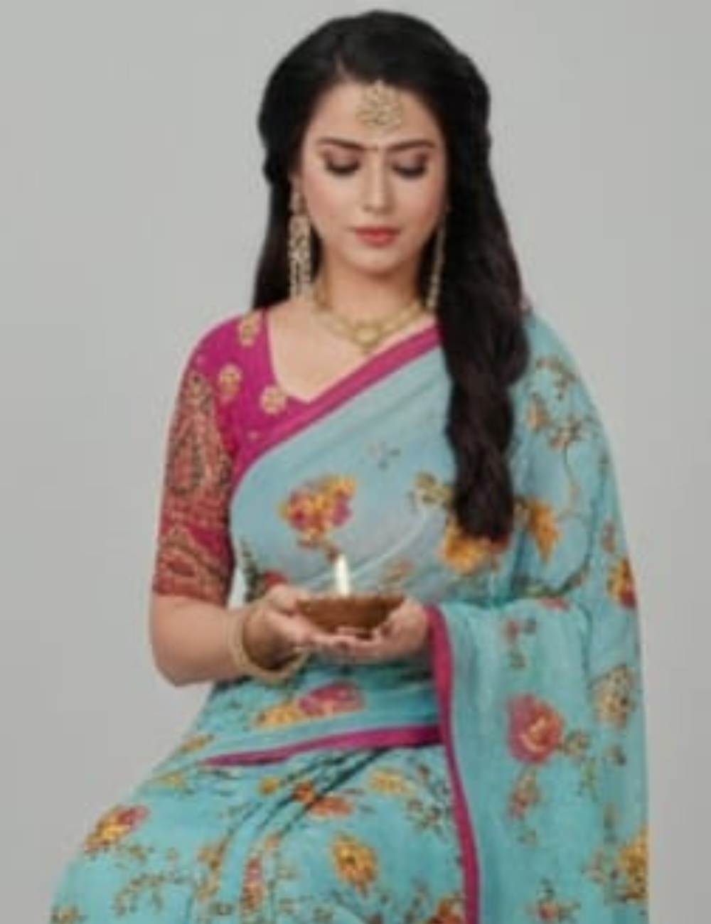 Stylish Light Blue Saree with Magenta Designer Blouse