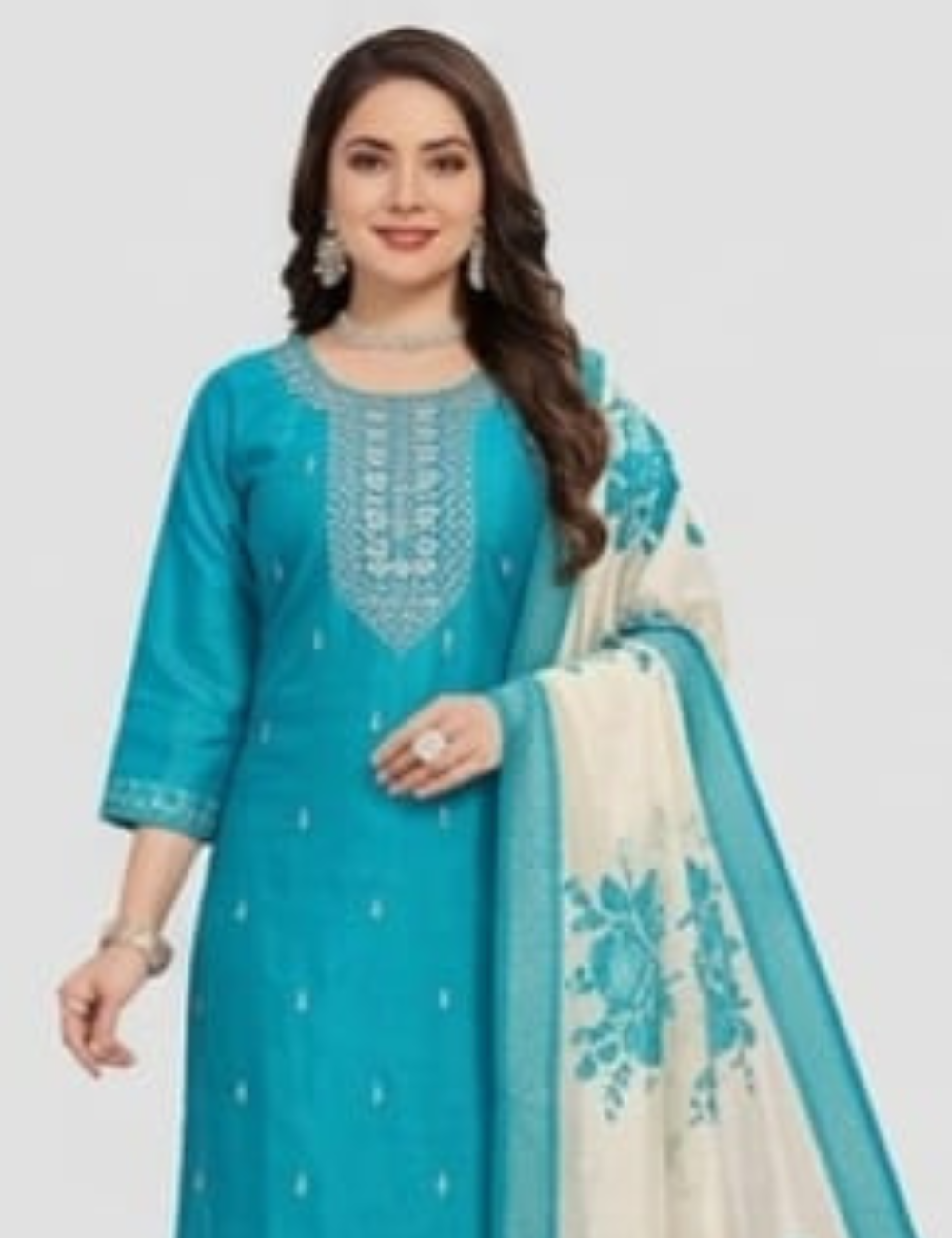 Teal Blue Embroidered Silk Blend Kurta Set