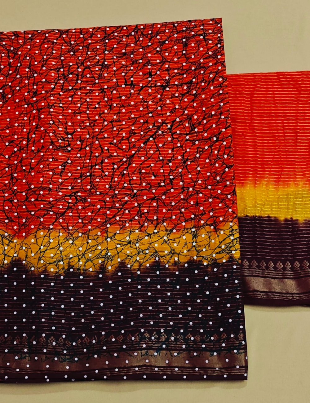 Red, Yellow, and Brown Multi-Tone Crackle Print Cotton Sari