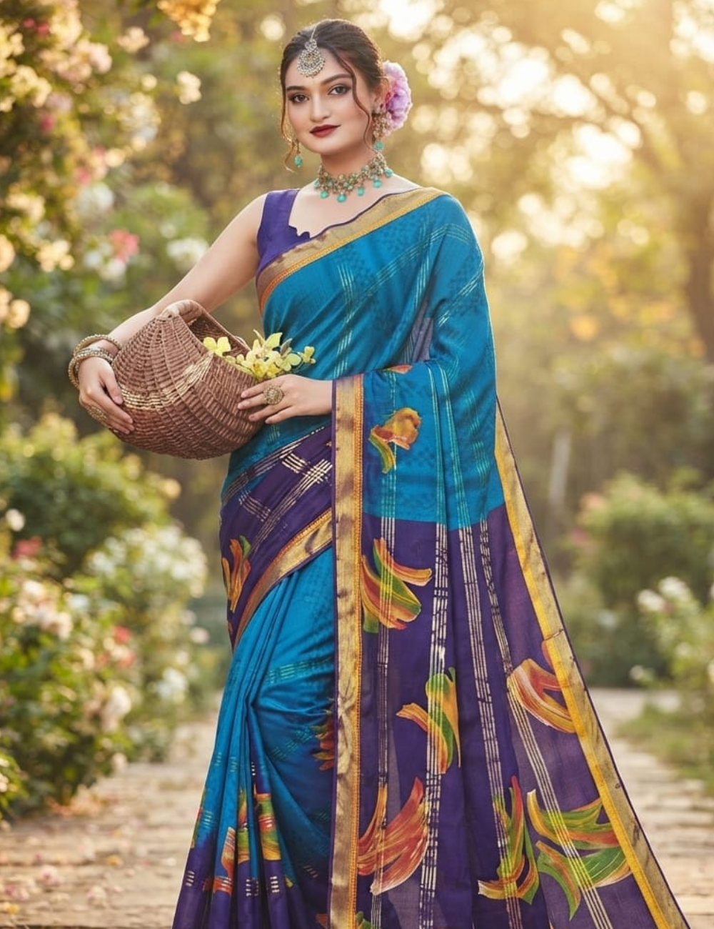 Blue and Purple Cotton Sari with Metallic Stripes and Floral Motifs
