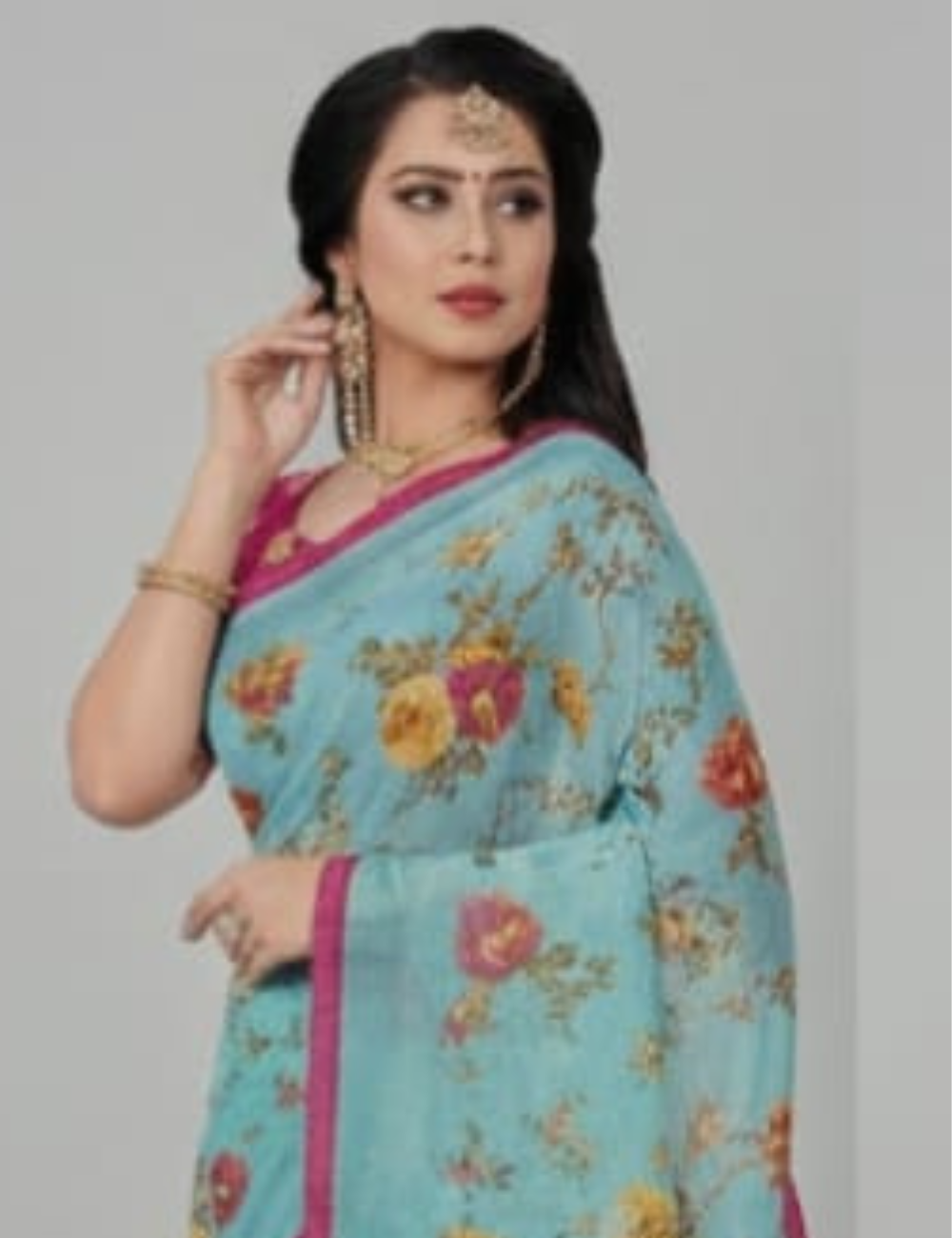 Stylish Light Blue Saree with Magenta Designer Blouse