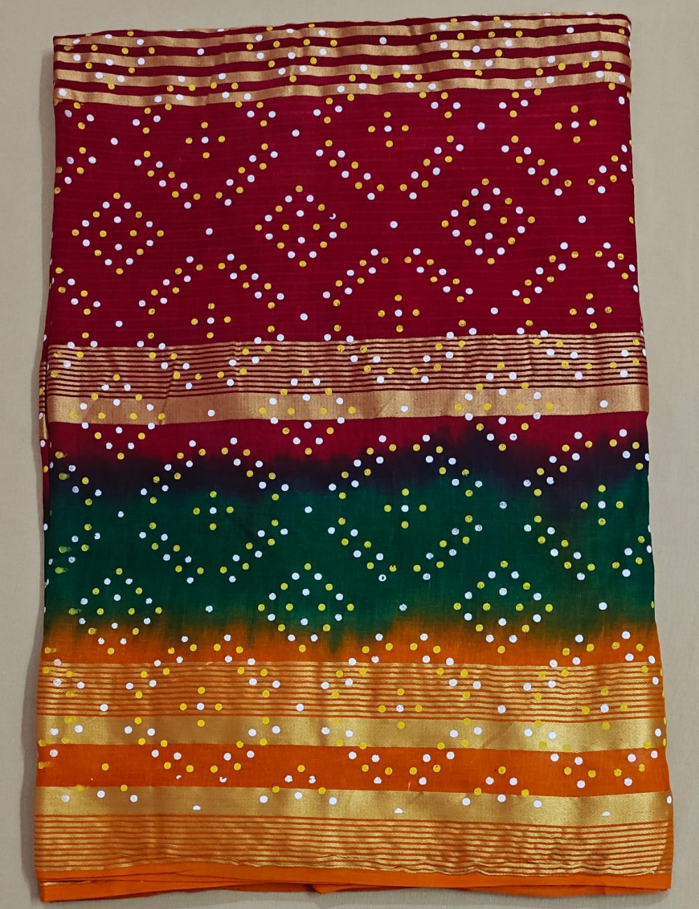 Multi-Tone Bandhani Gradient Cotton Sari with Zari Stripes