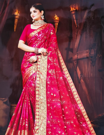 Radiant Pink Floral Zari Silk Saree