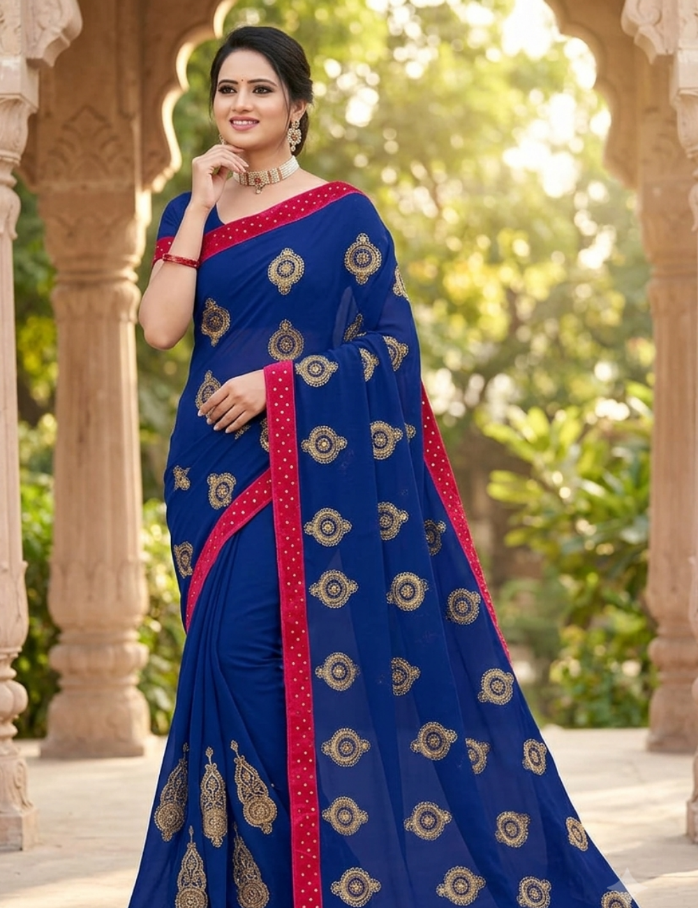 Royal Blue Saree with Pink Velvet Mirror Work Border