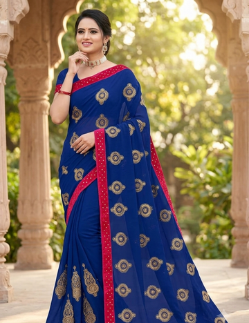 Royal Blue Saree with Pink Velvet Mirror Work Border