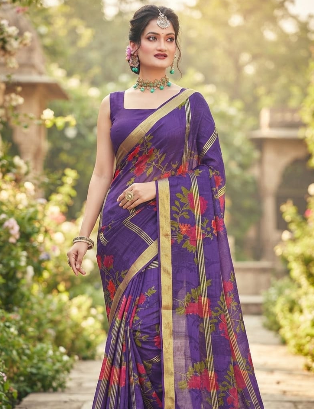 Royal Purple Cotton Sari with Vibrant Floral Prints and Metallic Stripes