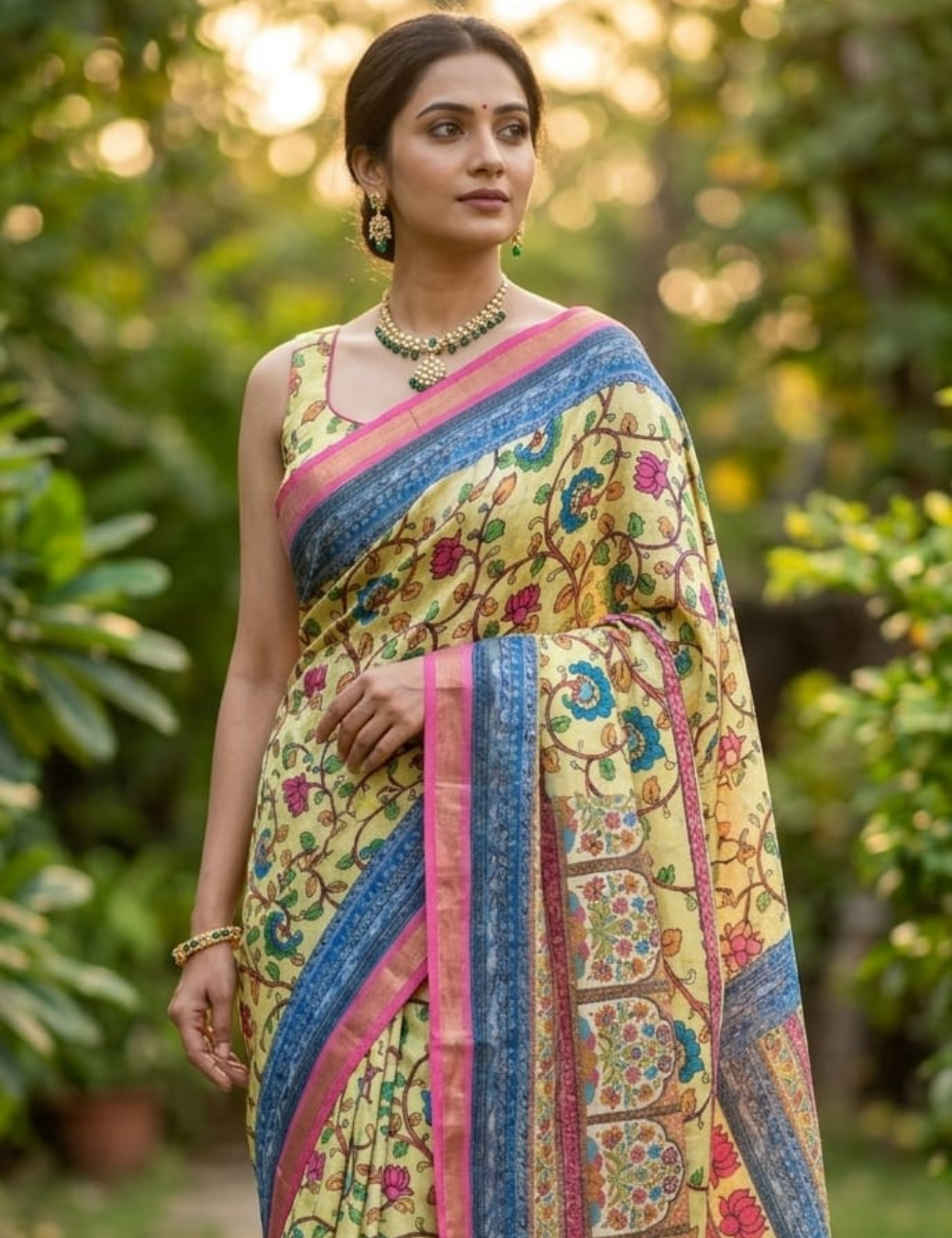 Lime Yellow Kalamkari-Inspired Floral Digital Print Saree with Contrast Zari Border with Blouse