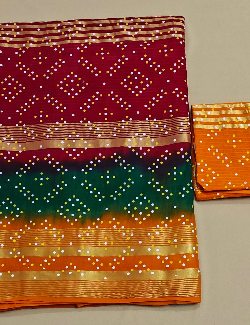 Multi-Tone Bandhani Gradient Cotton Sari with Zari Stripes