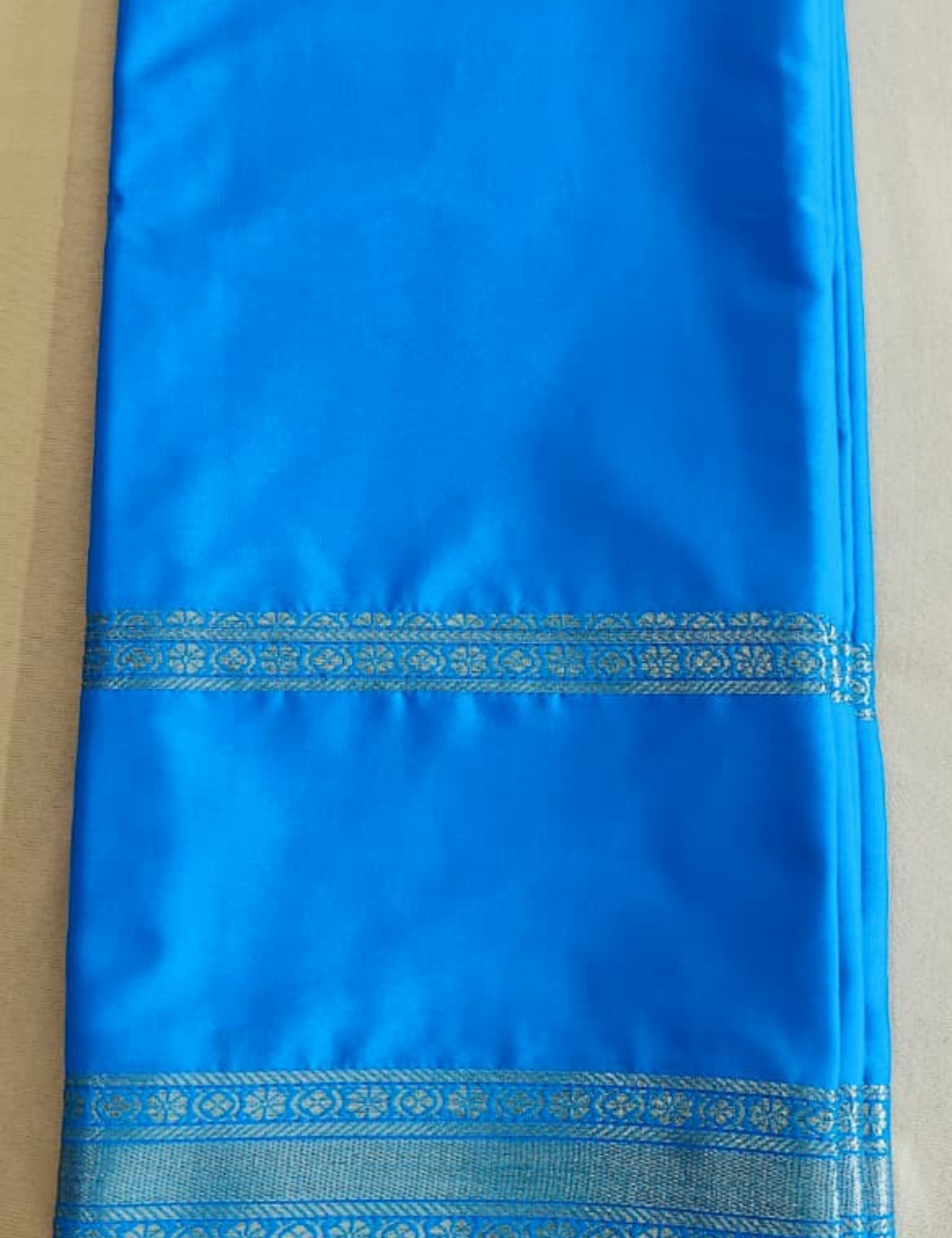 Vibrant Sky Blue Mysore Silk Sari with Elegant Golden Zari Border