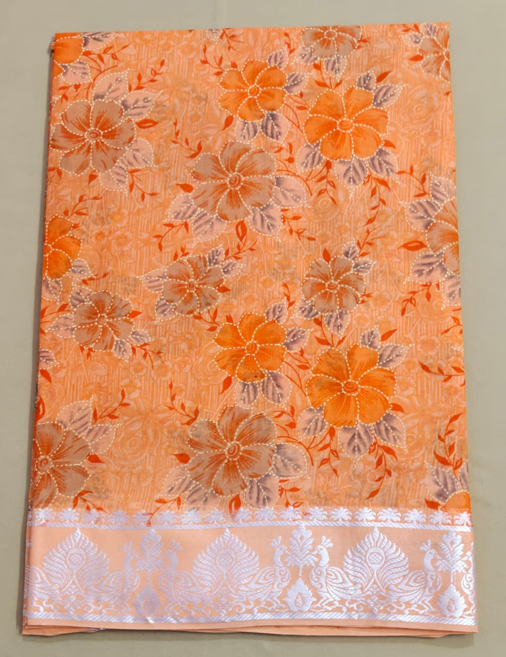 Peach and Orange Floral Print Cotton Saree