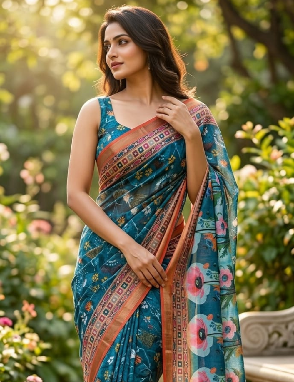 Teal Blue Botanical Digital Print Saree with Geometric Border & Running Blouse