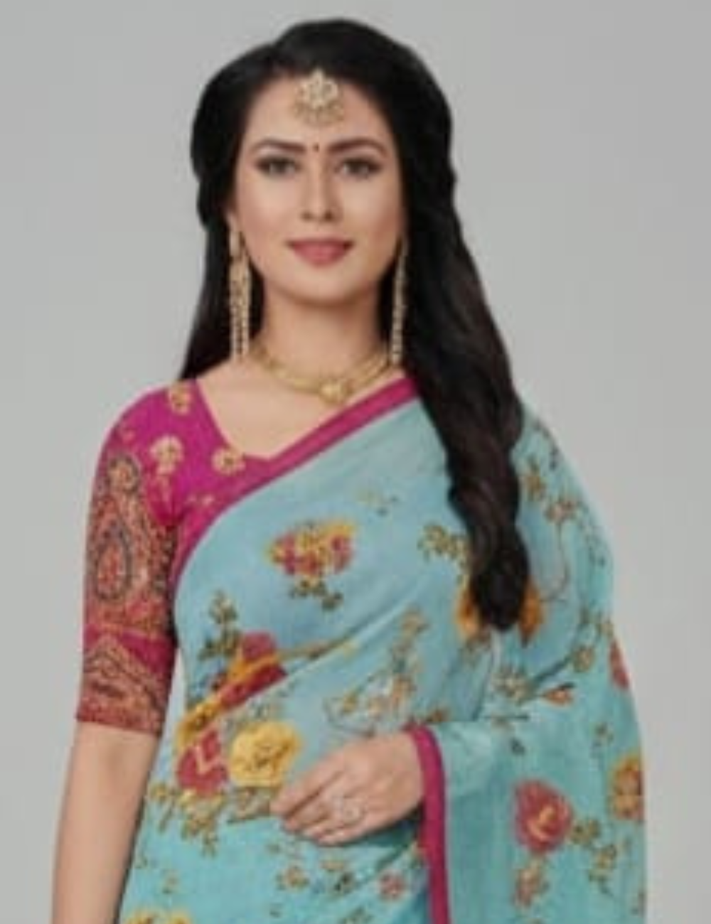 Stylish Light Blue Saree with Magenta Designer Blouse