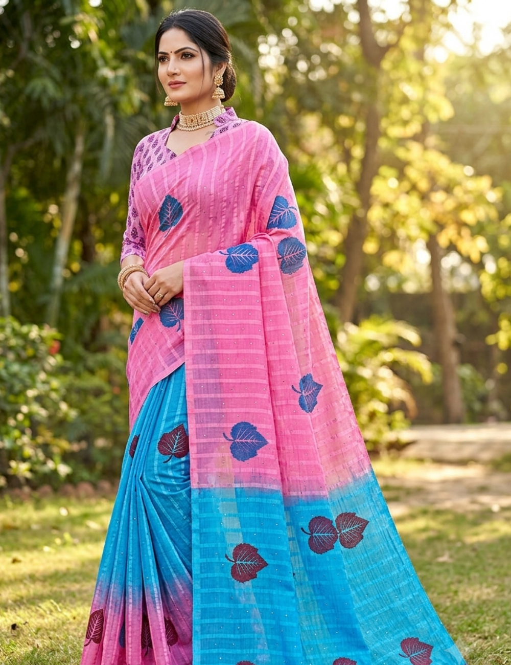 Pink and Blue dual-tone saree with leaf motifs