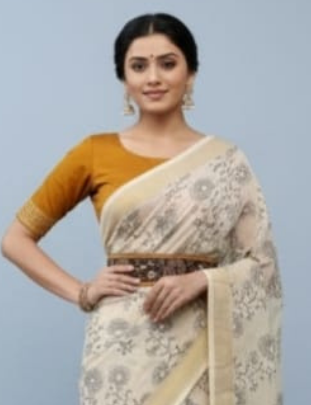 Cream Saree with Mustard Embroidered Blouse