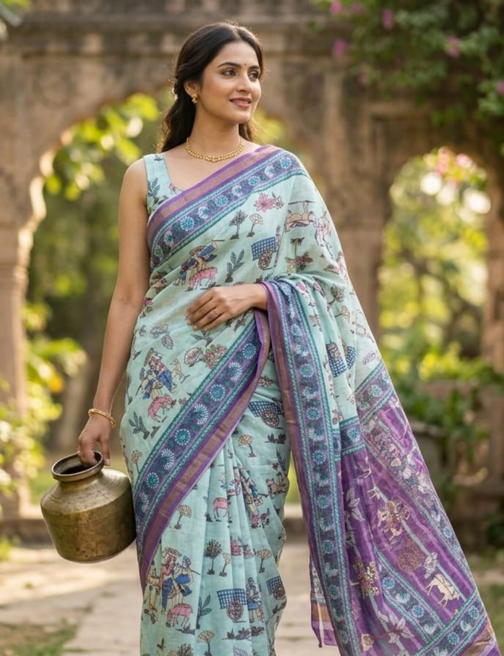 Elegant Pastel Blue Digital Print Saree with Traditional Village Art Print