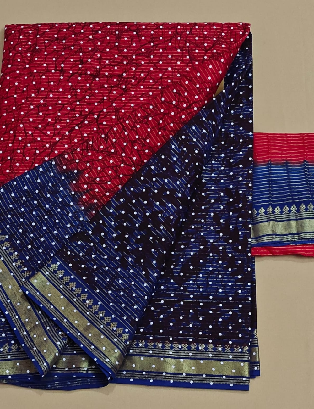Red and Blue Bandhani Print Cotton Sari