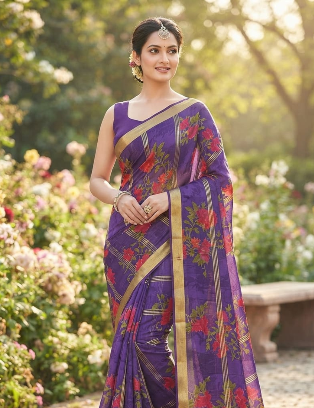 Royal Purple Cotton Sari with Vibrant Floral Prints and Metallic Stripes