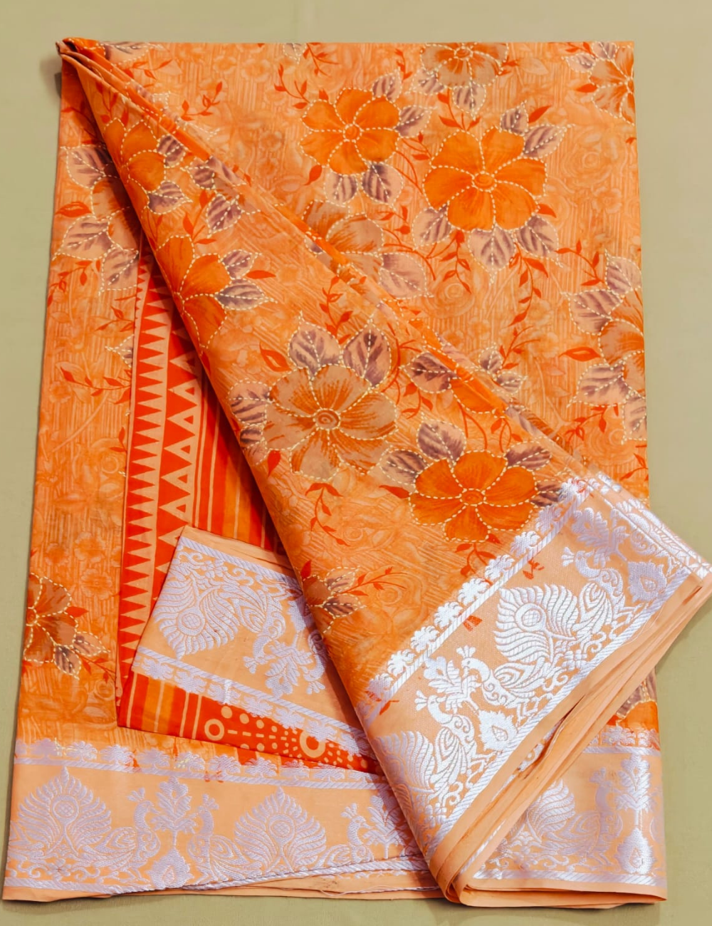 Peach and Orange Floral Print Cotton Saree