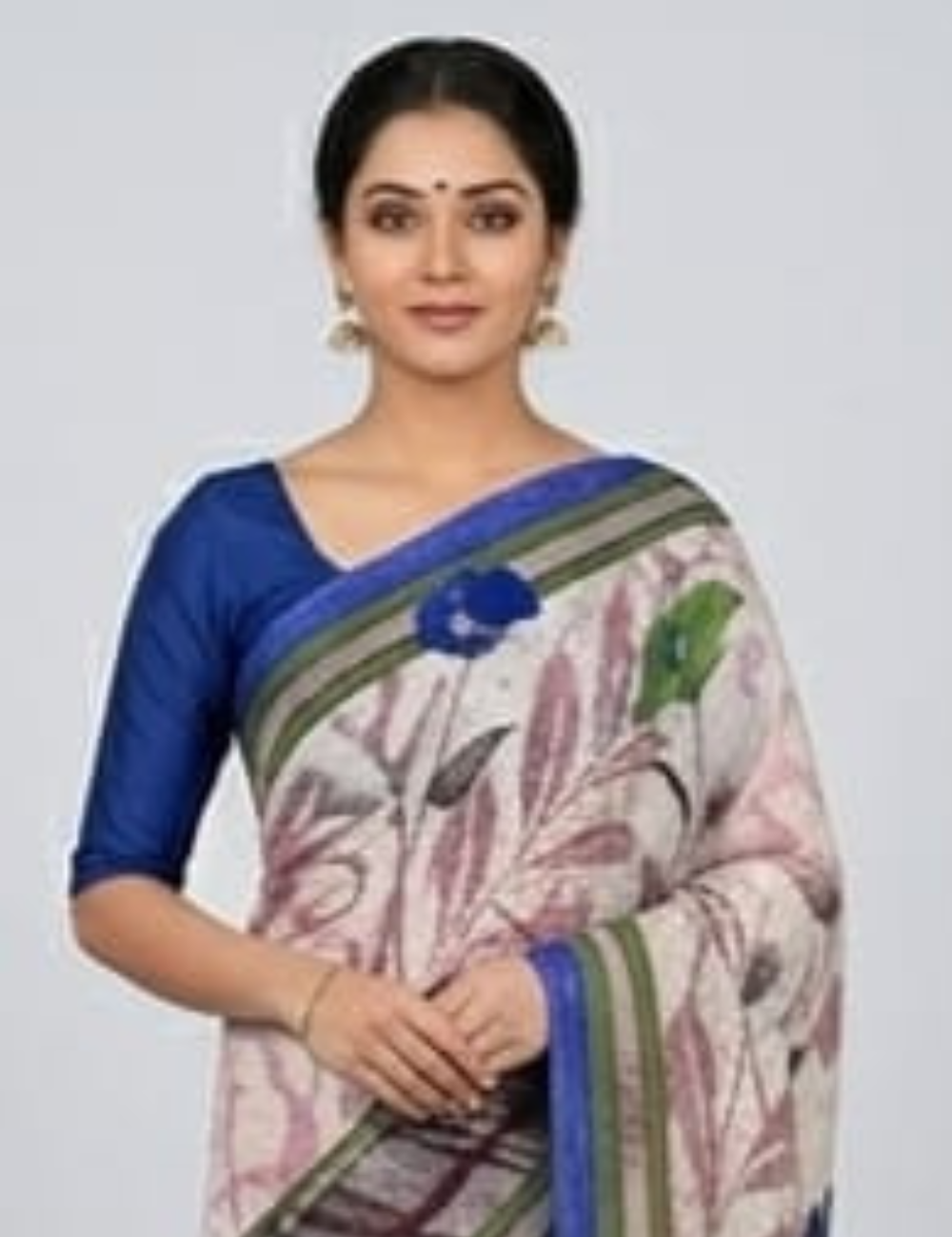 Elegant Cream Floral Printed Saree with Royal Blue Border