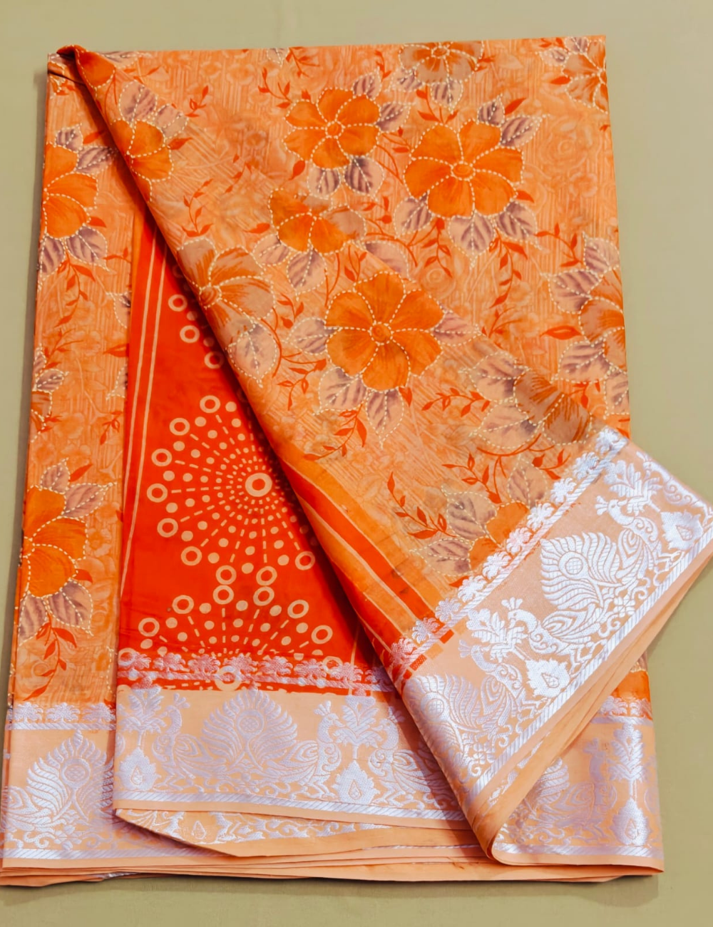 Peach and Orange Floral Print Cotton Saree
