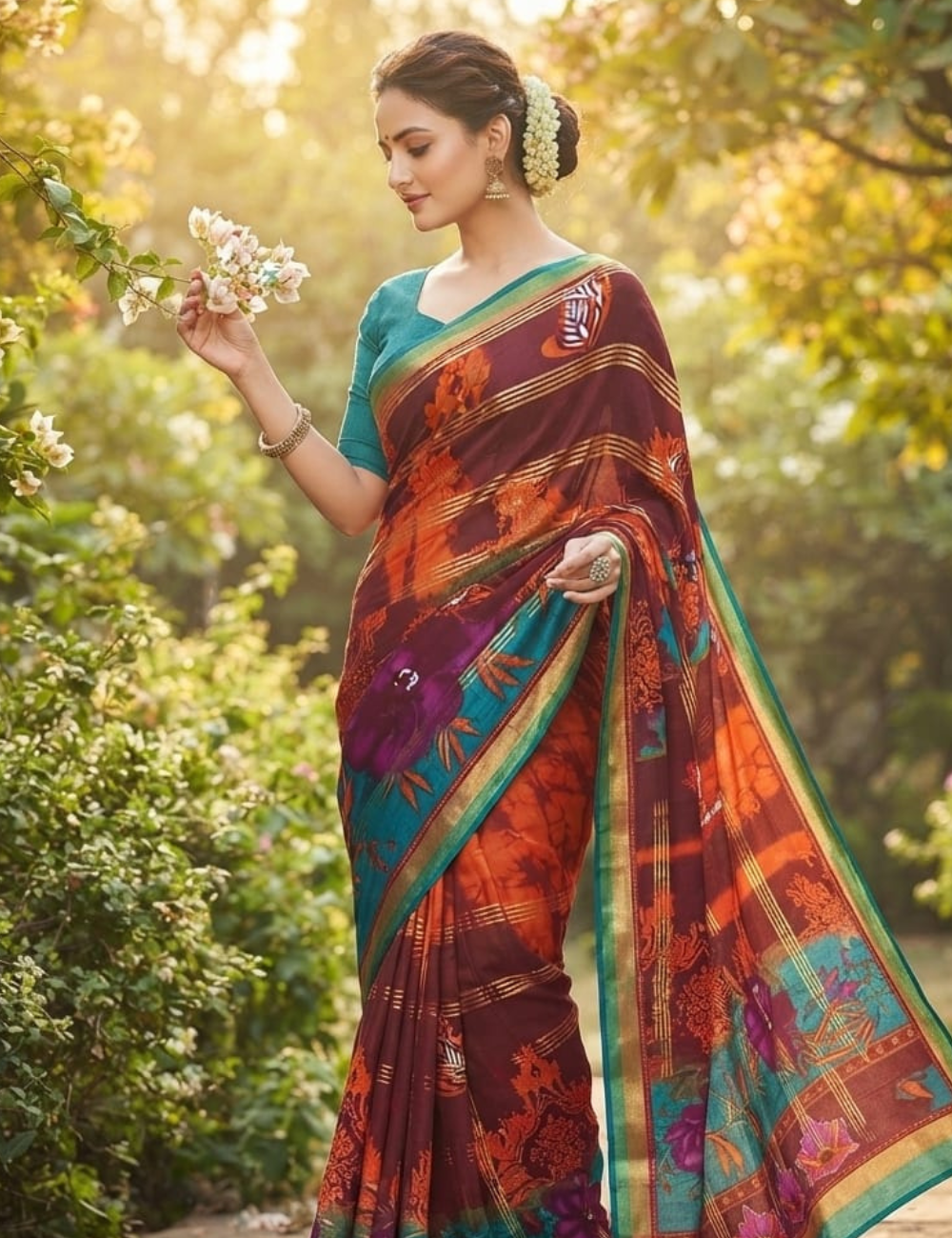 Multicolor Cotton Sari with Floral Prints and Metallic Stripes