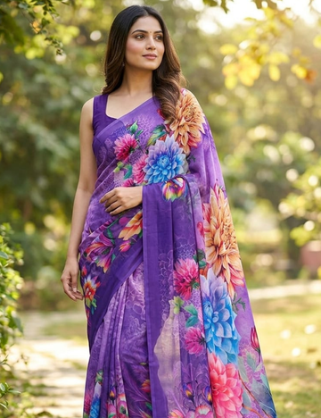 Royal Purple Dahlia Botanical Georgette Saree with Vivid Floral Blooms